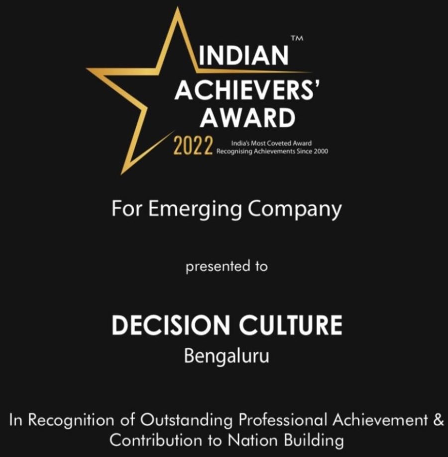 Indian Achievers' Award 2022 for Emerging Company, presented to Decision Culture