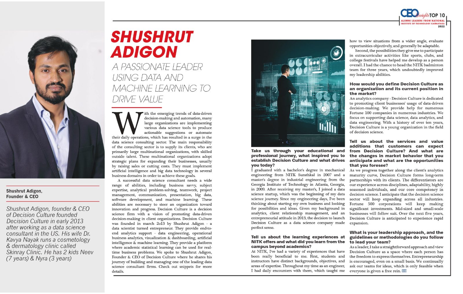 CEO Insights magazine article on Shushrut Adigon and Decision Culture
